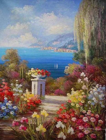 Landscape Painting, Summer Resort Painting, Wall Art, Mediterranean Sea Painting, Canvas Painting, Kitchen Wall Art, Oil Painting, Seascape, France Summer Resort-Grace Painting Crafts