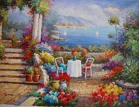 Summer Resort Painting, Canvas Oil Painting, Landscape Painting, Wall Art, Large Painting, Living Room Wall Art, Spain Summer Resort-Grace Painting Crafts