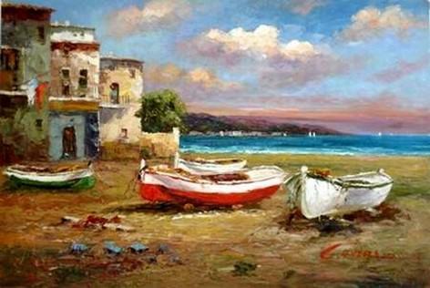 Landscape Painting, Wall Art, Canvas Painting, Heavy Texture Painting, Living Room Wall Art, Oil Painting, Wall Art Decor, Canvas Art, Seashore Boat Painting-Grace Painting Crafts
