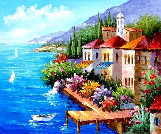 Landscape Painting, Mediterranean Sea Painting, Canvas Painting, Wall Art, Large Painting, Bedroom Wall Art, Oil Painting, Canvas Art, Boat Painting, Italy Summer Resort-Grace Painting Crafts