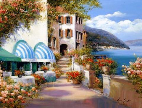 Mediterranean Sea Painting, Canvas Painting, Landscape Painting, Wall Art, Large Painting, Bedroom Wall Art, Oil Painting, Canvas Art, Seascape, Seashore Hotel, Garden-Grace Painting Crafts
