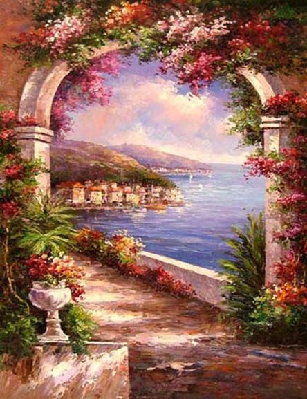 Canvas Painting, Landscape Painting, Wall Art, Canvas Painting, Large Painting, Bedroom Wall Art, Oil Painting, Canvas Art, Garden Flower, Italy Summer Resort-Grace Painting Crafts
