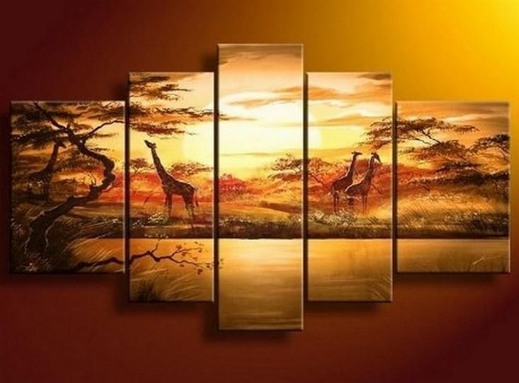 African Painting, Sunset Painting, Canvas Painting, Wall Art, Large Art, Abstract Painting, Living Room Art, 5 Piece Wall Art-Grace Painting Crafts