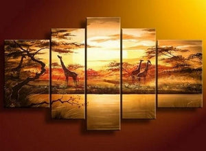 African Painting, Sunset Painting, Canvas Painting, Wall Art, Large Art, Abstract Painting, Living Room Art, 5 Piece Wall Art-Grace Painting Crafts