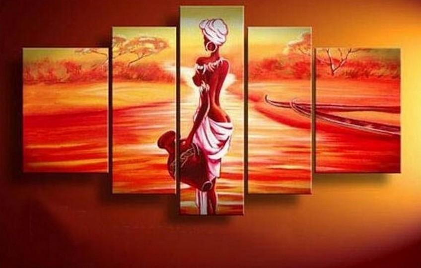 African Girl, Sunset Painting, Canvas Painting, African Woman Painting, 5 Piece Canvas Art, Abstract Wall Painting-Grace Painting Crafts