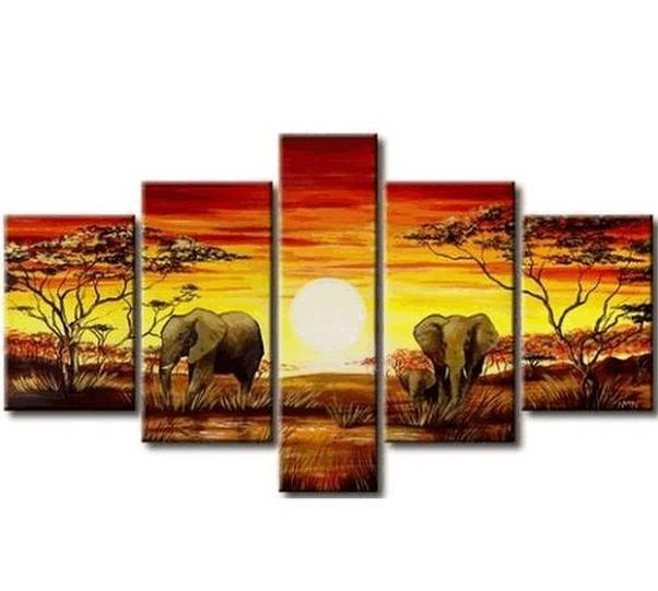 African Painting, Elephant Painting, Living Room Art, 5 Piece Wall Art, Living Room Wall Painting-Grace Painting Crafts