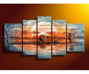 Elephant Painting, African Painting, Abstract Art, Canvas Painting, Wall Art, Large Art, Abstract Painting, Living Room Art, 5 Piece Wall Art-Grace Painting Crafts