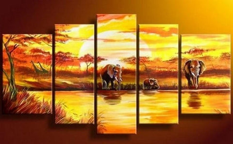 Elephant Painting, African Painting, Abstract Wall Art, Canvas Painting, Wall Art, Large Art, Abstract Painting, Living Room Art, 5 Piece Wall Art-Grace Painting Crafts