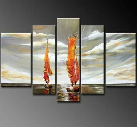 Sailing Boat art Sea, Abstract Art, Canvas Painting, Wall Art, Large Art, Abstract Painting, Living Room Art, 5 Piece Wall Art, Landscape Painting-Grace Painting Crafts