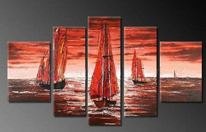 Sailing Boat art Sea, Sunset Art, Abstract Art, Wall Art, Large Art, Abstract Painting, 5 Piece Wall Art, Landscape Painting-Grace Painting Crafts