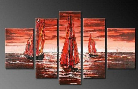 Sailing Boat art Sea, Sunset Art, Abstract Art, Wall Art, Large Art, Abstract Painting, 5 Piece Wall Art, Landscape Painting-Grace Painting Crafts