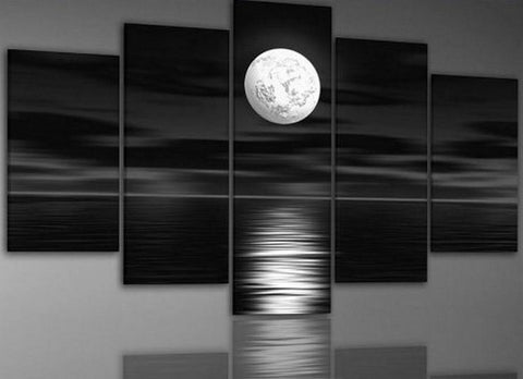 Large Canvas Art, Abstract Art, Bedroom Art Decor, 5 Piece Art, Canvas Art Painting, Moon Rising from Sea, Ready to Hang-Grace Painting Crafts