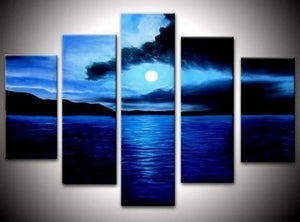 Large Canvas Art, Abstract Art, Canvas Painting, Abstract Painting, Bedroom Art Decor, 5 Piece Art, Canvas Art Painting, Moon Rising from Sea, Ready to Hang-Grace Painting Crafts