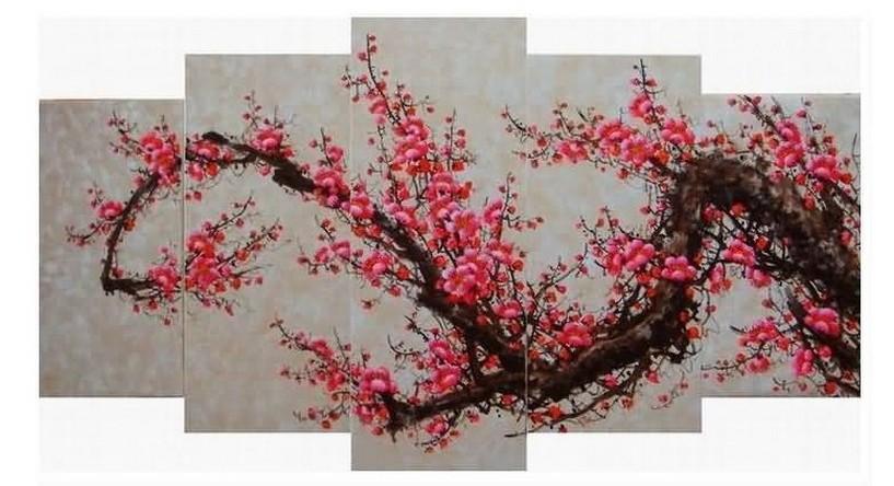 Plum Tree Flower Painting, Ready to Hang, Large Art, Abstract Art, Flower Oil Painting, Abstract Painting, Canvas Painting, 5 Piece Wall Art, Canvas Art Painting-Grace Painting Crafts