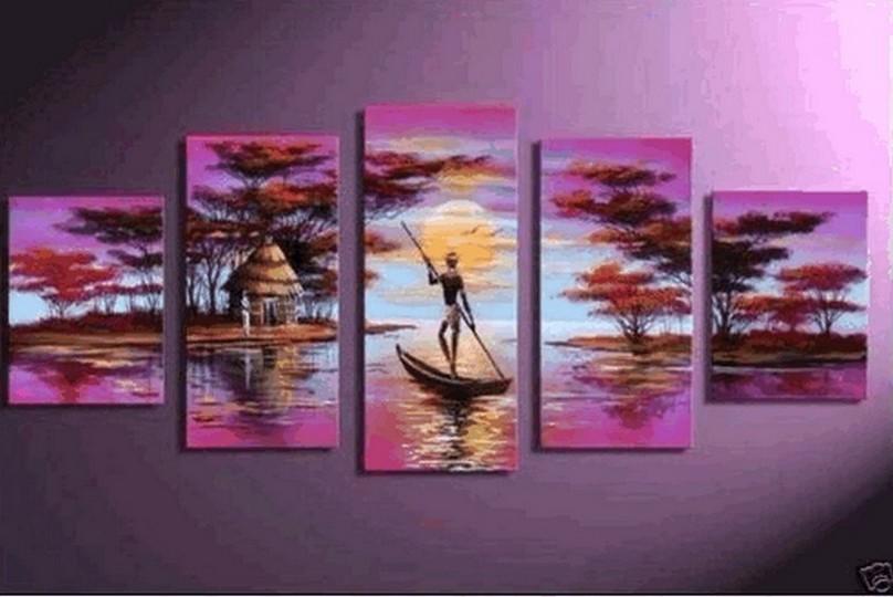 Large Canvas Art, 5 Piece Canvas Painting, Abstract Painting for Sale, African Woman Art, Boat at Lake River Art, Ready to Hang Painting-Grace Painting Crafts