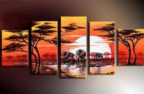 Large Canvas Art, Abstract Art, Canvas Painting, Abstract Painting, African Art, Elephant Sunset Art, Home Art, 5 Piece Wall Art, Landscape Art, Ready to Hang-Grace Painting Crafts