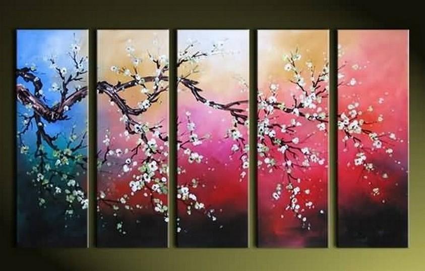 Plum Tree Painting, Flower Art, Abstract Painting, 5 Piece Wall Art, Huge Painting, Acrylic Art, Ready to Hang-Grace Painting Crafts