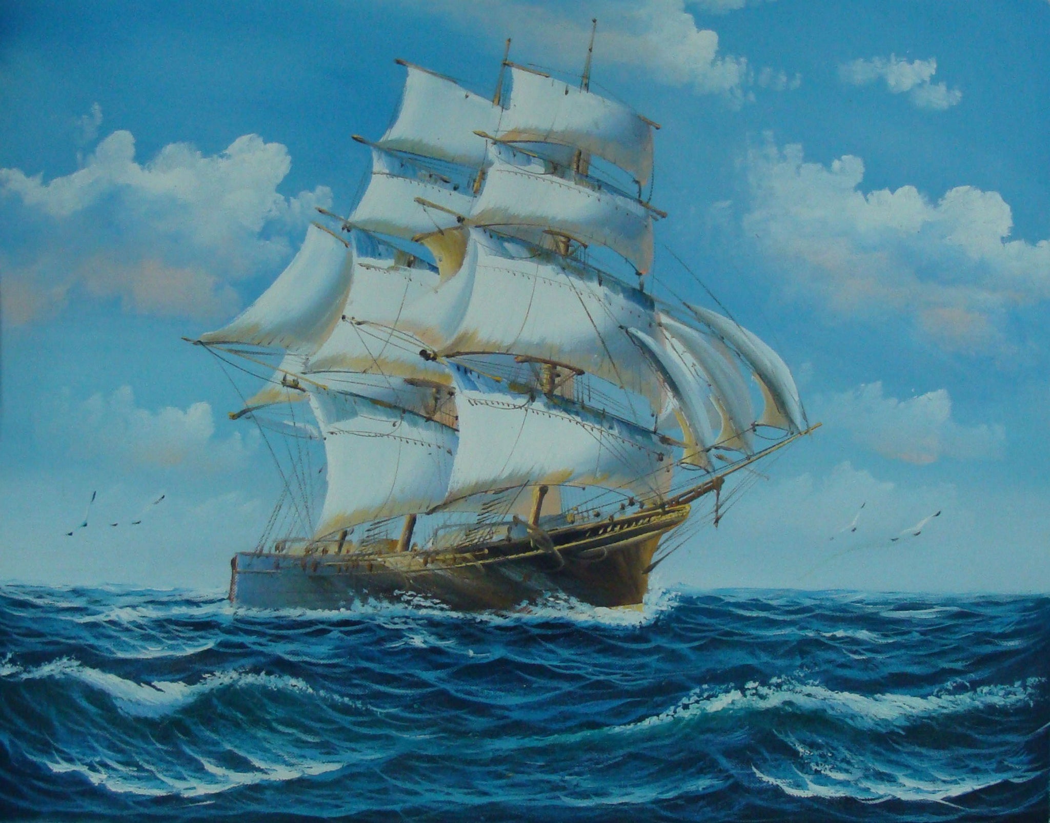 Blue Sky, Seascape Painting, Canvas Painting, Large Painting, Dining Room Wall Art, Canvas Oil Painting, Canvas Art, Sailing Boat at Sea-Grace Painting Crafts