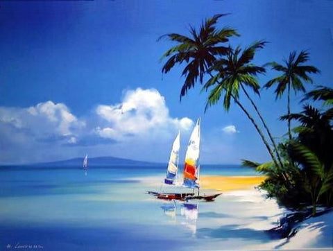 Hawaii Beach, Seashore Painting, Sail Boat Painting, Canvas Art, Canvas Painting, Oil Painting, Wall Art, Large Painting, Canvas Painting, Canvas Art-Grace Painting Crafts