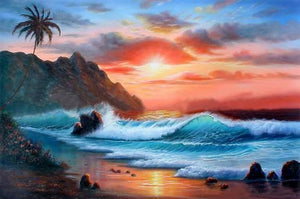 Hawaii Beach, Seashore Painting, Palm Tree, Sunrise Painting, Canvas Art, Canvas Painting, Seascape Painting, Wall Art, Large Painting, Canvas Oil Painting, Canvas Art-Grace Painting Crafts