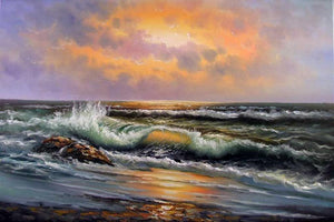 Seascape Art, Hand Painted Art, Canvas Art, Pacific Ocean, Sunrise Painting, Big Wave, Oil Painting on Canvas-Grace Painting Crafts