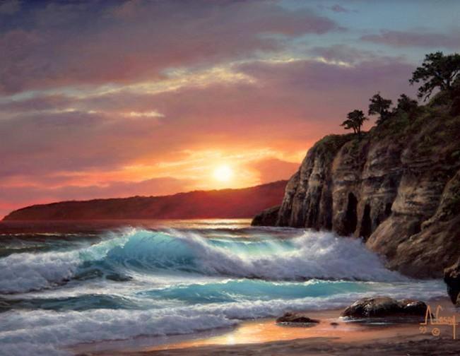 Sunrise Painting, Seashore Painting, Seascape Art, Pacific Ocean, Big Wave, Canvas Painting, Large Oil Painting, Canvas Painting for Living Room-Grace Painting Crafts