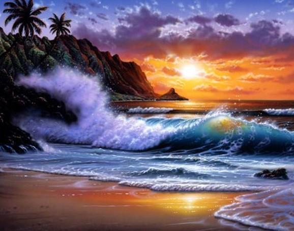 Canvas Art, Hand Painted Art, Hawaii Beach, Seashore Painting, Palm Tree, Sunrise Painting, Seascape Painting, Wall Art, Large Oil Painting, Canvas Oil Painting, Canvas Art-Grace Painting Crafts