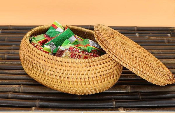 Storage Basket for Kitchen, Small Rattan Storage Basket, Round Storage Basket with Lid, Pantry Storage Ideas-Grace Painting Crafts