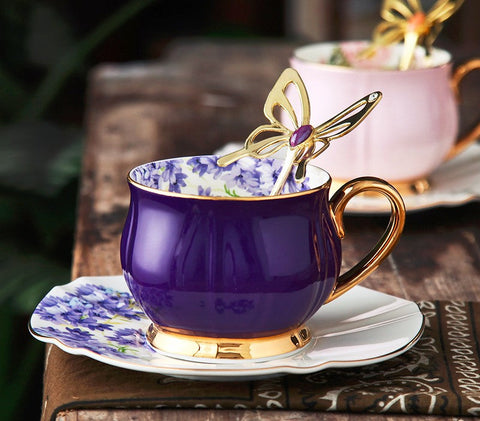 Elegant Purple Ceramic Cups, Unique Coffee Cup and Saucer in Gift Box as Birthday Gift, Beautiful British Tea Cups, Creative Bone China Porcelain Tea Cup Set-Grace Painting Crafts