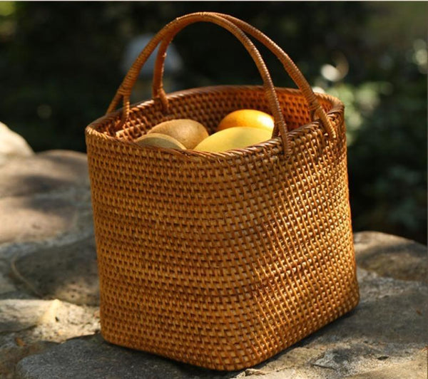 Woven Rattan Storage Basket with Handle, Storage Basket for Picnic, Fruit Storage Basket, Kitchen Storage Basekt-Grace Painting Crafts