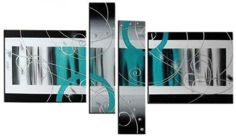 4 Piece Canvas Art, Abstract Oil Painting for Sale, Black and White, Blue Canvas Art, Contemporary Wall Art-Grace Painting Crafts