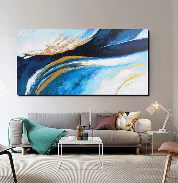 Living Room Wall Art Paintings, Blue Acrylic Abstract Painting Behind Couch, Large Painting on Canvas, Buy Paintings Online, Acrylic Painting for Sale-Grace Painting Crafts