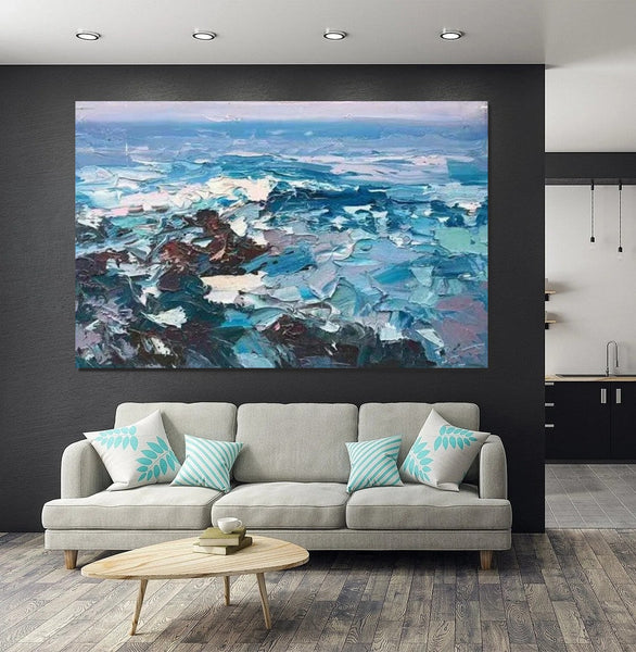 Landscape Canvas Paintings, Seascape Painting, Acrylic Paintings for Living Room, Abstract Landscape Paintings, Seascape Big Wave Painting, Heavy Texture Canvas Art-Grace Painting Crafts