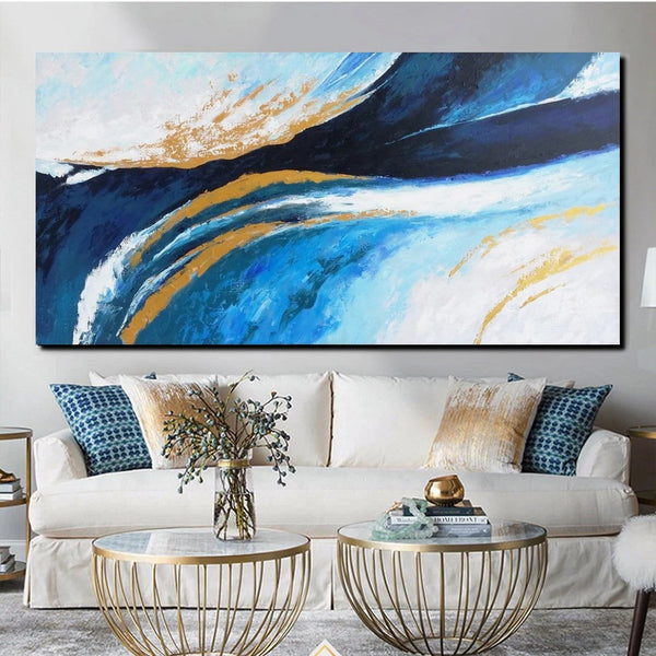 Living Room Wall Art Paintings, Blue Acrylic Abstract Painting Behind Couch, Large Painting on Canvas, Buy Paintings Online, Acrylic Painting for Sale-Grace Painting Crafts