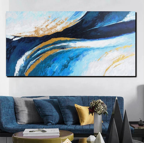 Living Room Wall Art Paintings, Blue Acrylic Abstract Painting Behind Couch, Large Painting on Canvas, Buy Paintings Online, Acrylic Painting for Sale-Grace Painting Crafts