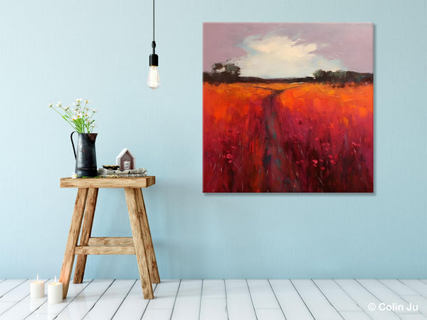 Landscape Canvas Paintings, Acrylic Abstract Art on Canvas, Red Poppy Flower Field Painting, Landscape Acrylic Painting, Living Room Wall Art Paintings-Grace Painting Crafts