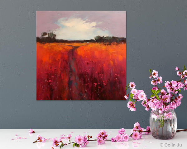 Landscape Canvas Paintings, Acrylic Abstract Art on Canvas, Red Poppy Flower Field Painting, Landscape Acrylic Painting, Living Room Wall Art Paintings-Grace Painting Crafts