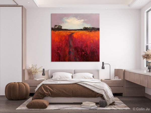Landscape Canvas Paintings, Acrylic Abstract Art on Canvas, Red Poppy Flower Field Painting, Landscape Acrylic Painting, Living Room Wall Art Paintings-Grace Painting Crafts