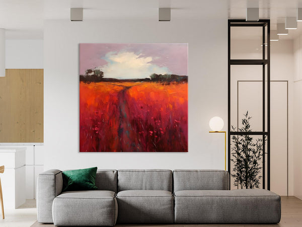 Landscape Canvas Paintings, Acrylic Abstract Art on Canvas, Red Poppy Flower Field Painting, Landscape Acrylic Painting, Living Room Wall Art Paintings-Grace Painting Crafts