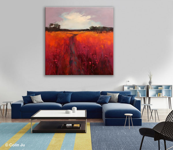 Landscape Canvas Paintings, Acrylic Abstract Art on Canvas, Red Poppy Flower Field Painting, Landscape Acrylic Painting, Living Room Wall Art Paintings-Grace Painting Crafts