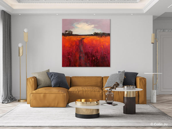 Landscape Canvas Paintings, Acrylic Abstract Art on Canvas, Red Poppy Flower Field Painting, Landscape Acrylic Painting, Living Room Wall Art Paintings-Grace Painting Crafts