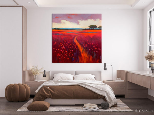 Original Hand Painted Wall Art, Landscape Paintings for Living Room, Abstract Canvas Painting, Abstract Landscape Art, Red Poppy Field Painting-Grace Painting Crafts