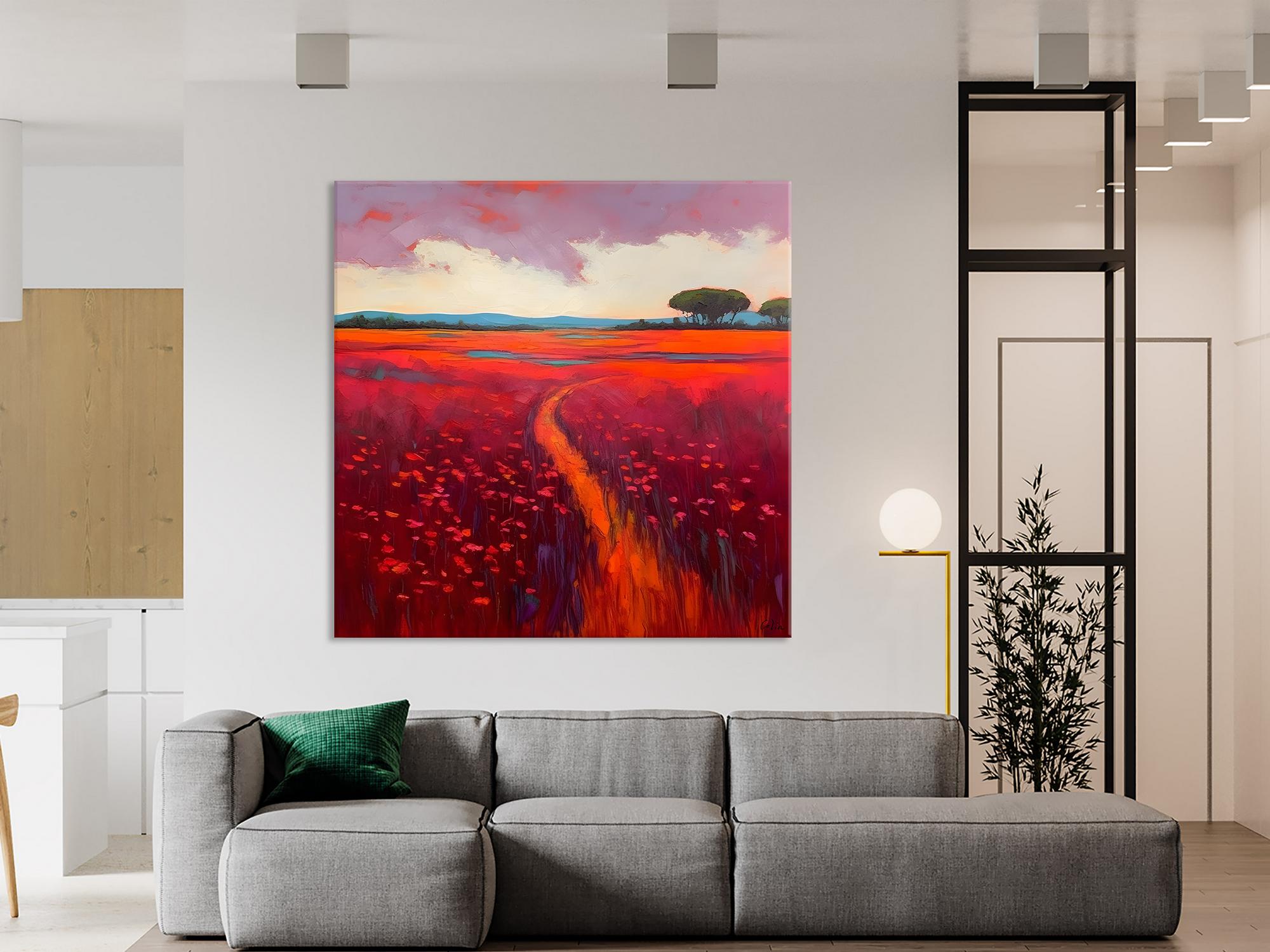 Original Hand Painted Wall Art, Landscape Paintings for Living Room, Abstract Canvas Painting, Abstract Landscape Art, Red Poppy Field Painting-Grace Painting Crafts