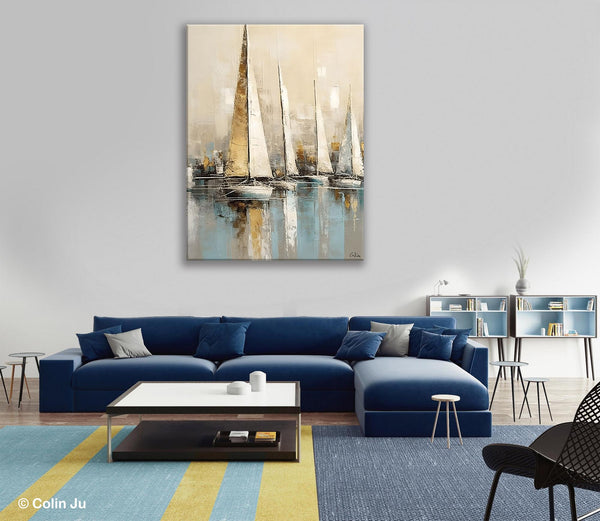 Modern Abstract Wall Art Paintings, Large Original Canvas Art for Bedroom, Large Painting Ideas for Living Room, Sail Boat Canvas Painting-Grace Painting Crafts