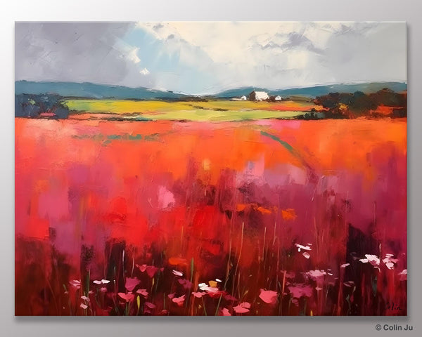 Abstract Canvas Painting, Landscape Paintings for Living Room, Red Poppy Field Painting, Original Hand Painted Wall Art, Abstract Landscape Art-Grace Painting Crafts