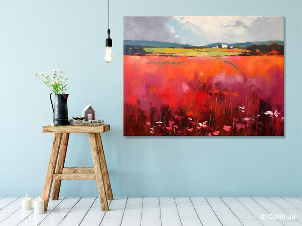 Abstract Canvas Painting, Landscape Paintings for Living Room, Red Poppy Field Painting, Original Hand Painted Wall Art, Abstract Landscape Art-Grace Painting Crafts