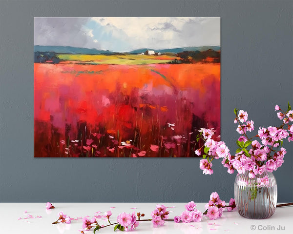 Abstract Canvas Painting, Landscape Paintings for Living Room, Red Poppy Field Painting, Original Hand Painted Wall Art, Abstract Landscape Art-Grace Painting Crafts