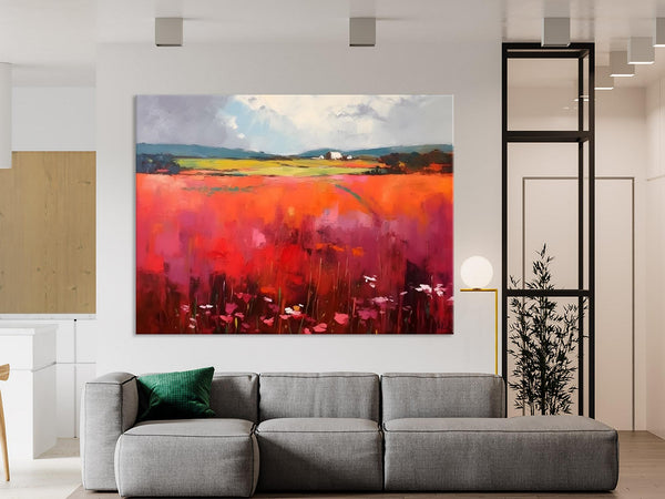 Abstract Canvas Painting, Landscape Paintings for Living Room, Red Poppy Field Painting, Original Hand Painted Wall Art, Abstract Landscape Art-Grace Painting Crafts