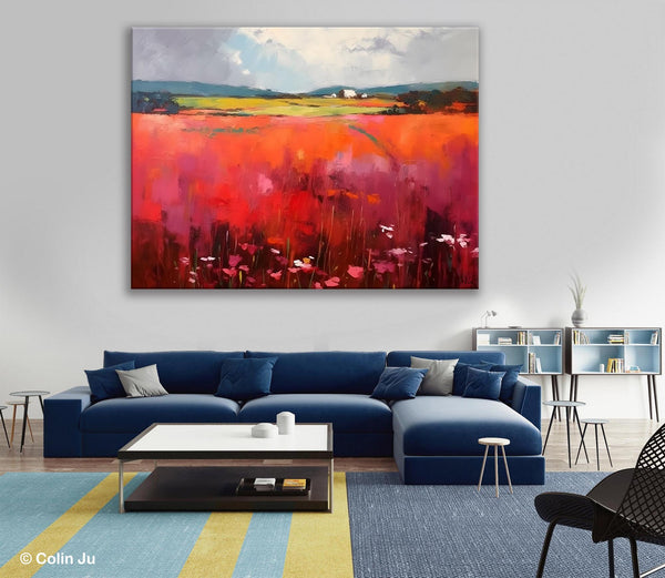 Abstract Canvas Painting, Landscape Paintings for Living Room, Red Poppy Field Painting, Original Hand Painted Wall Art, Abstract Landscape Art-Grace Painting Crafts