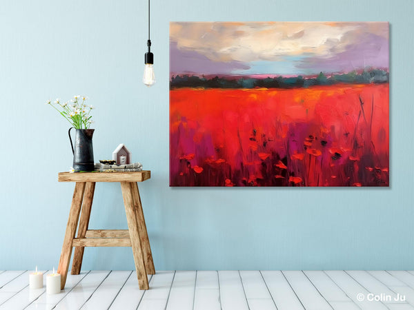 Simple Modern Art, Original Landscape Painting, Landscape Paintings for Living Room, Poppy Filed Canvas Paintings, Large Wall Art Paintings-Grace Painting Crafts